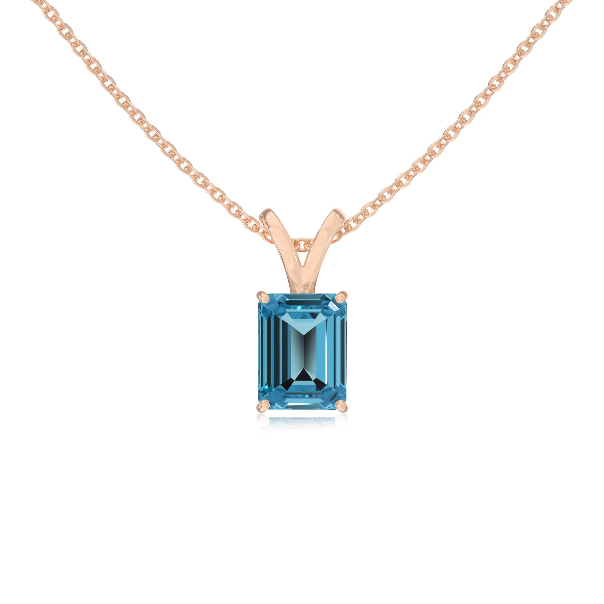 natural swiss-blue-topaz emerald cut solitaire v-bale necklaces in rose gold 