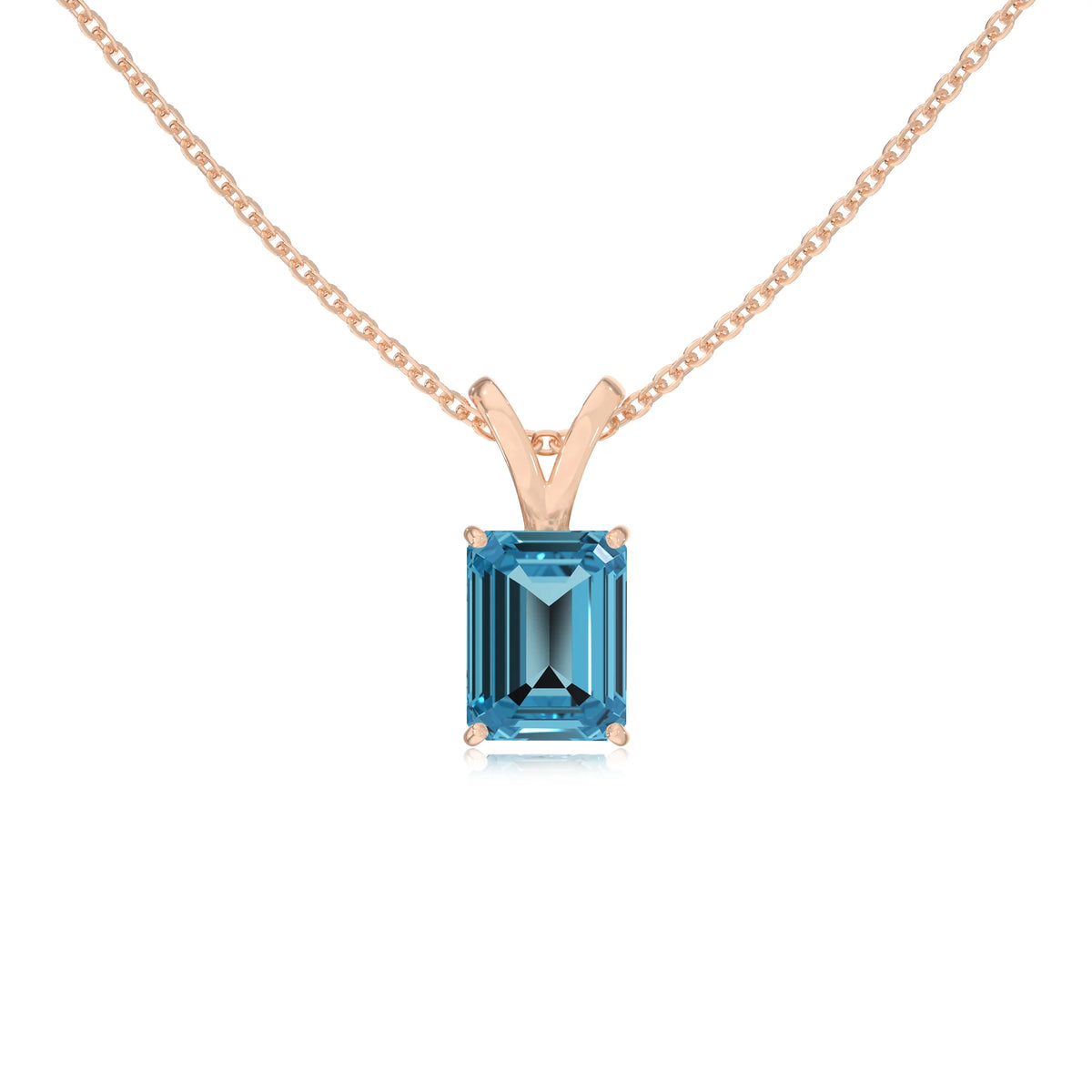 natural swiss-blue-topaz emerald cut solitaire v-bale necklaces in rose gold 