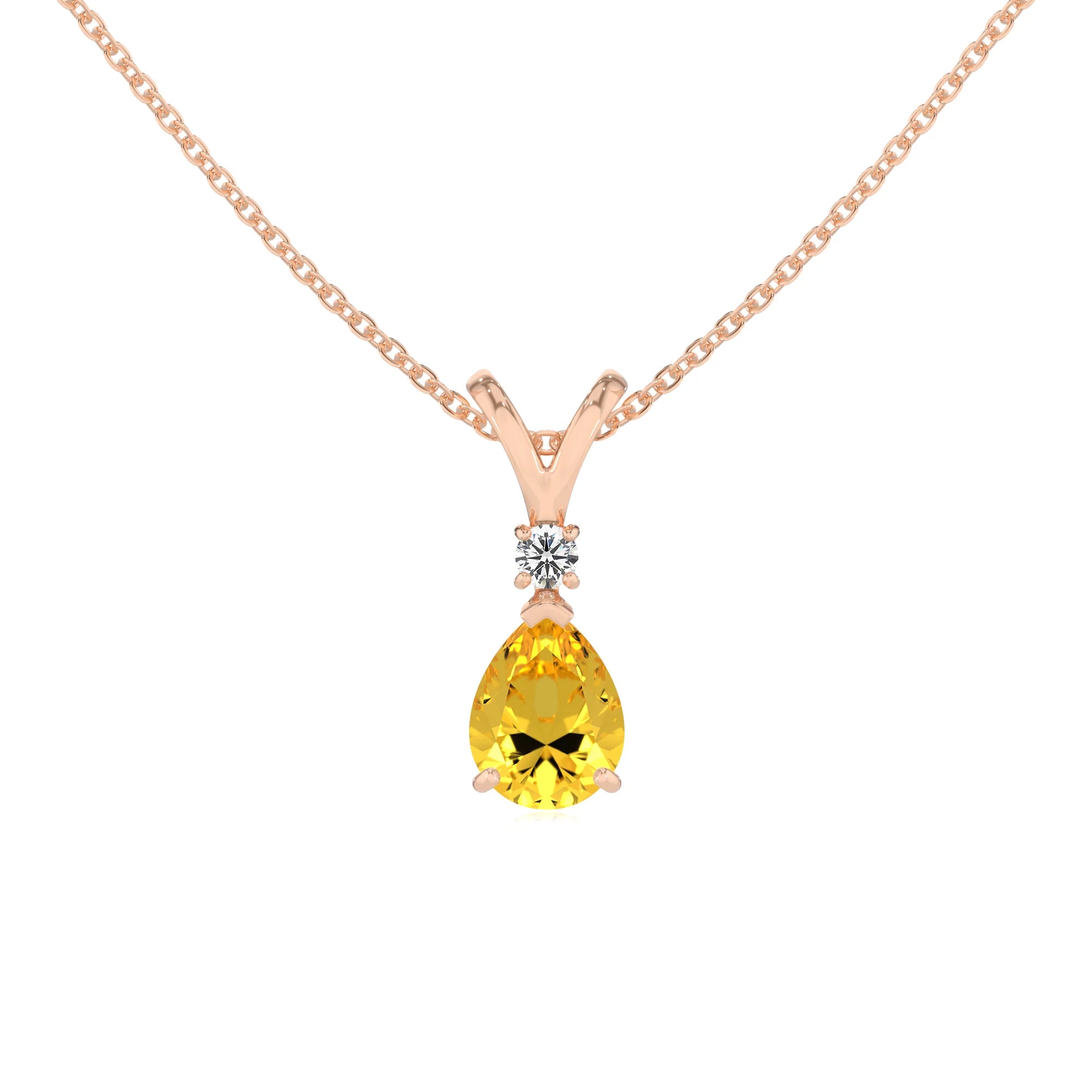 lab grown yellow-sapphire pear solitaire v-bale necklaces in rose gold 