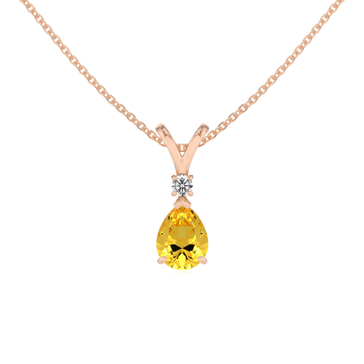 lab grown yellow-sapphire pear solitaire v-bale necklaces in rose gold 