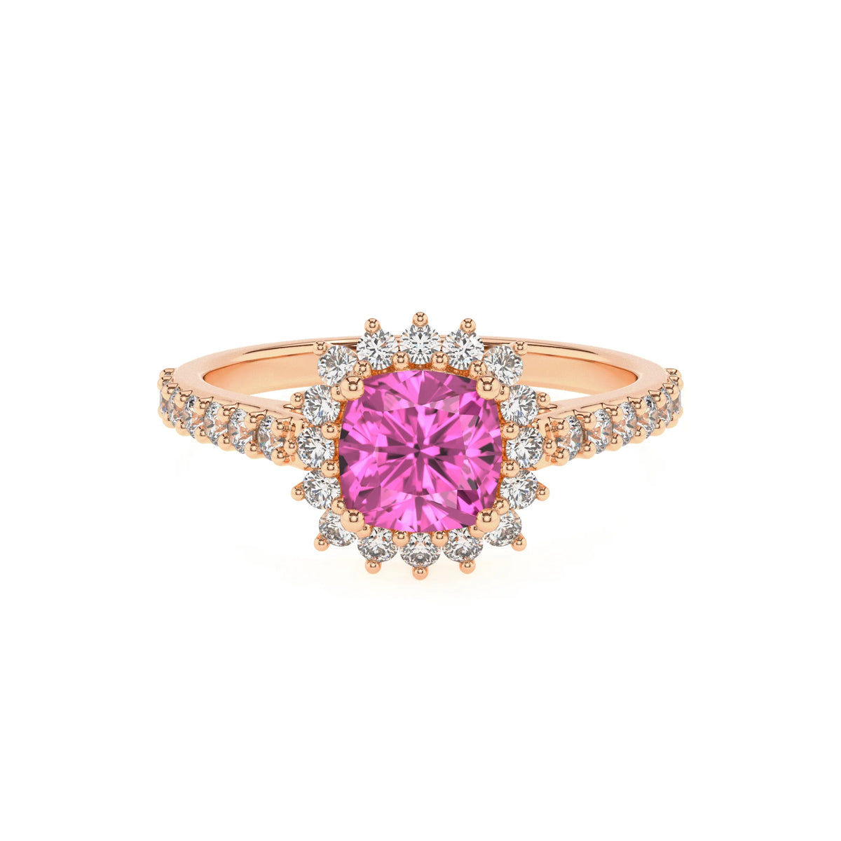 lab grown pink-sapphire cushion solitaire rings in rose gold 