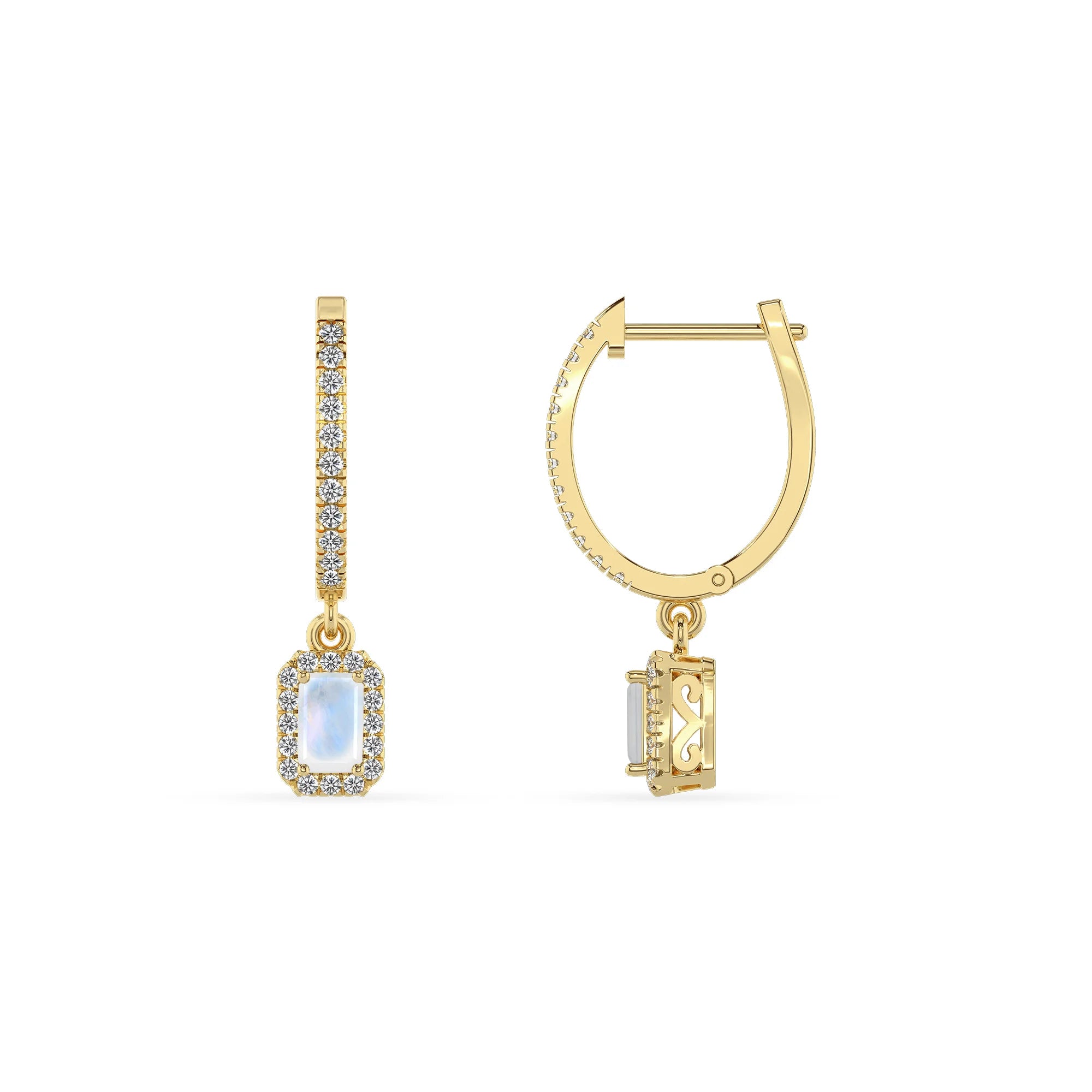 natural rainbow moonstone emerald cut drop earrings in yellow gold 