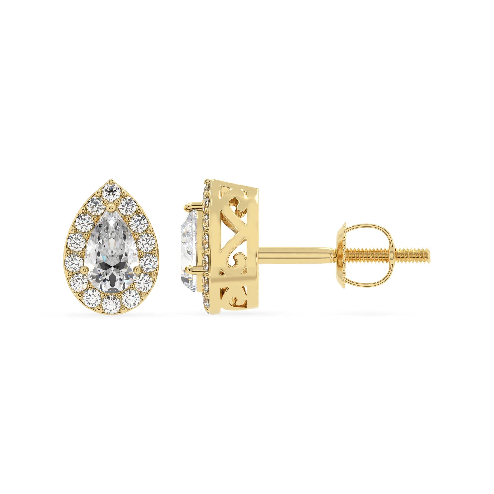 lab grown moissanite pear stud earrings in yellow gold 