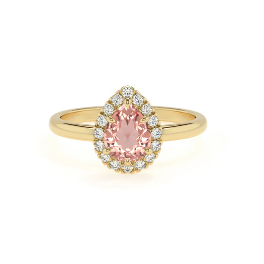 lab grown morganite pear solitaire rings in yellow gold 