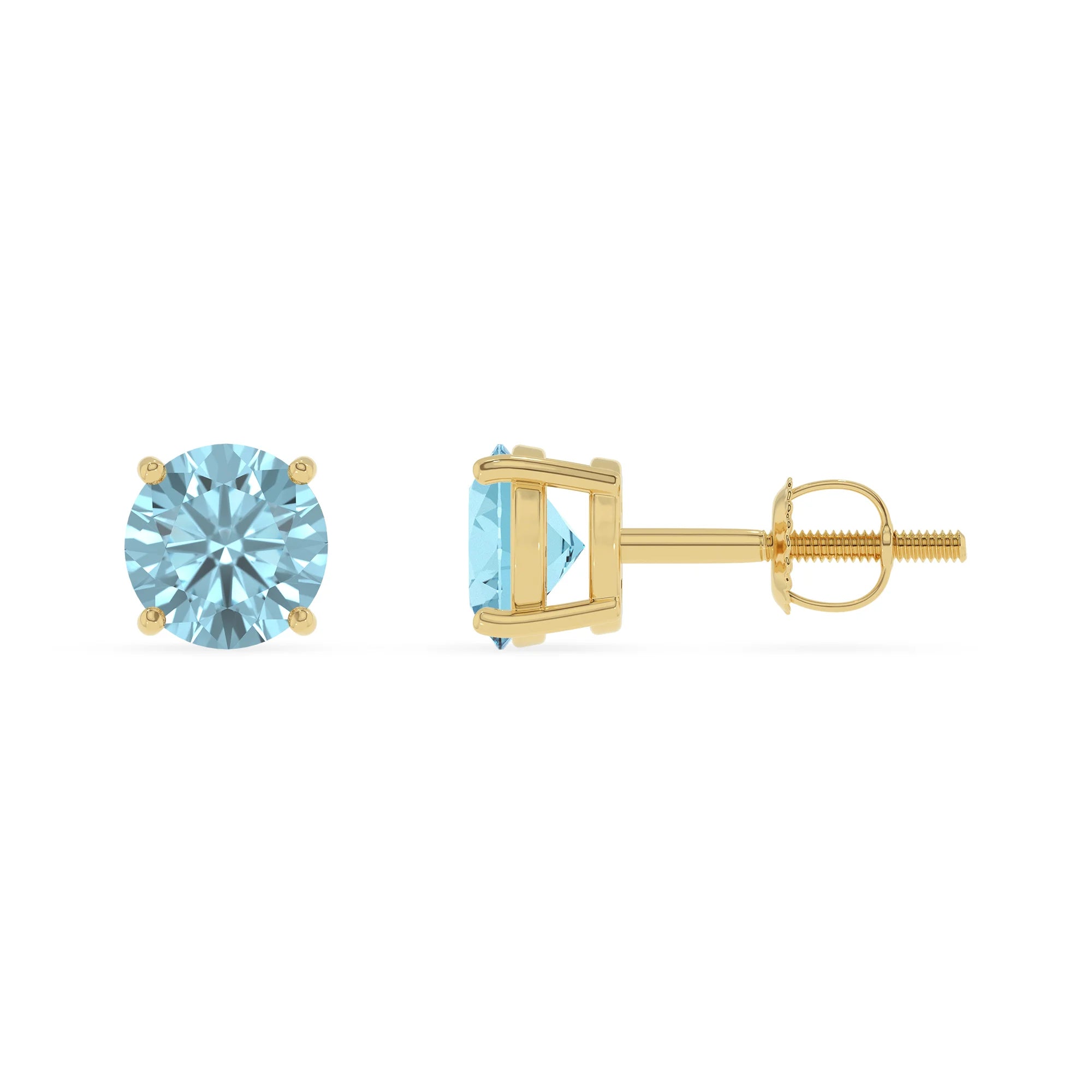 lab grown aquamarine round stud earrings in yellow gold 