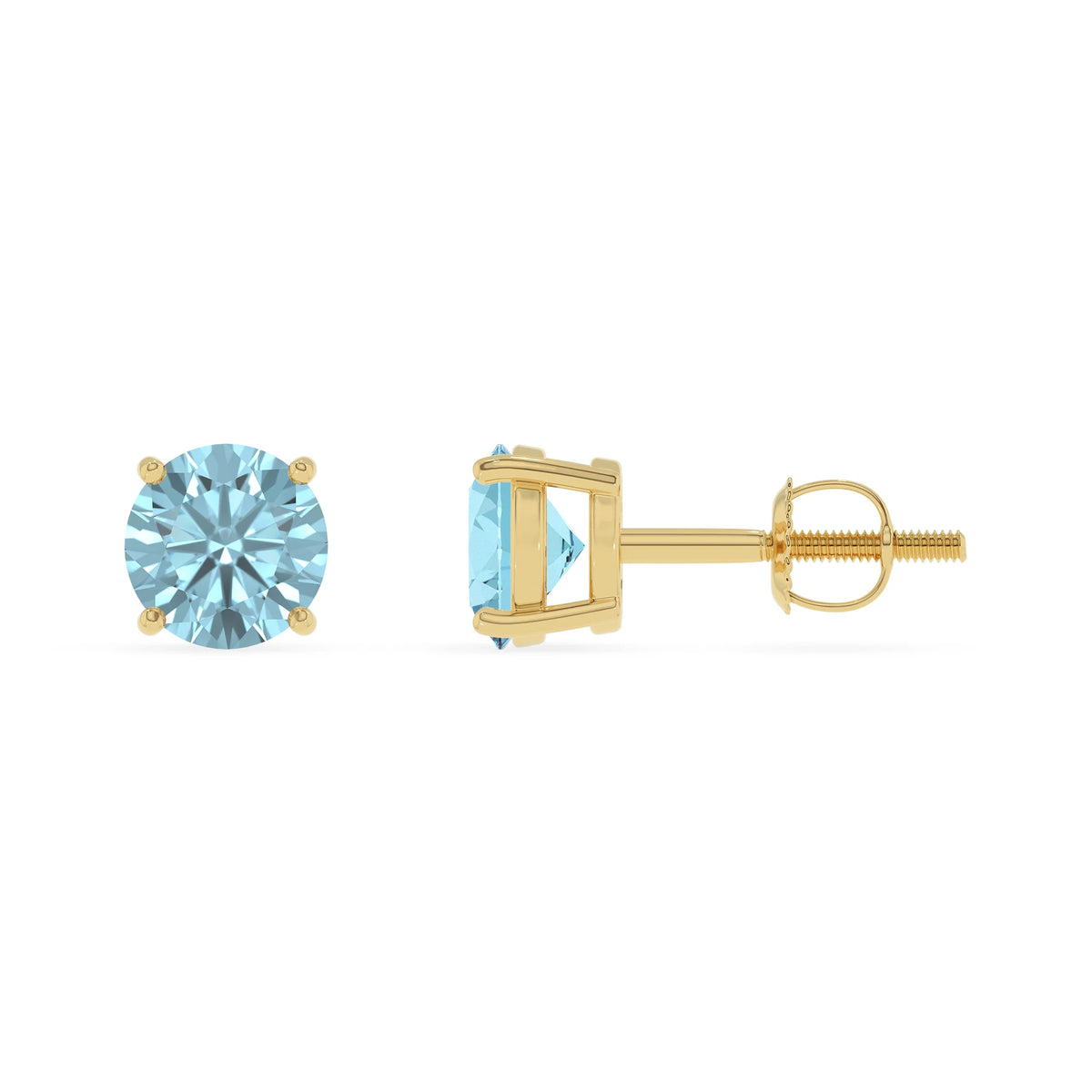 lab grown aquamarine round stud earrings in yellow gold 