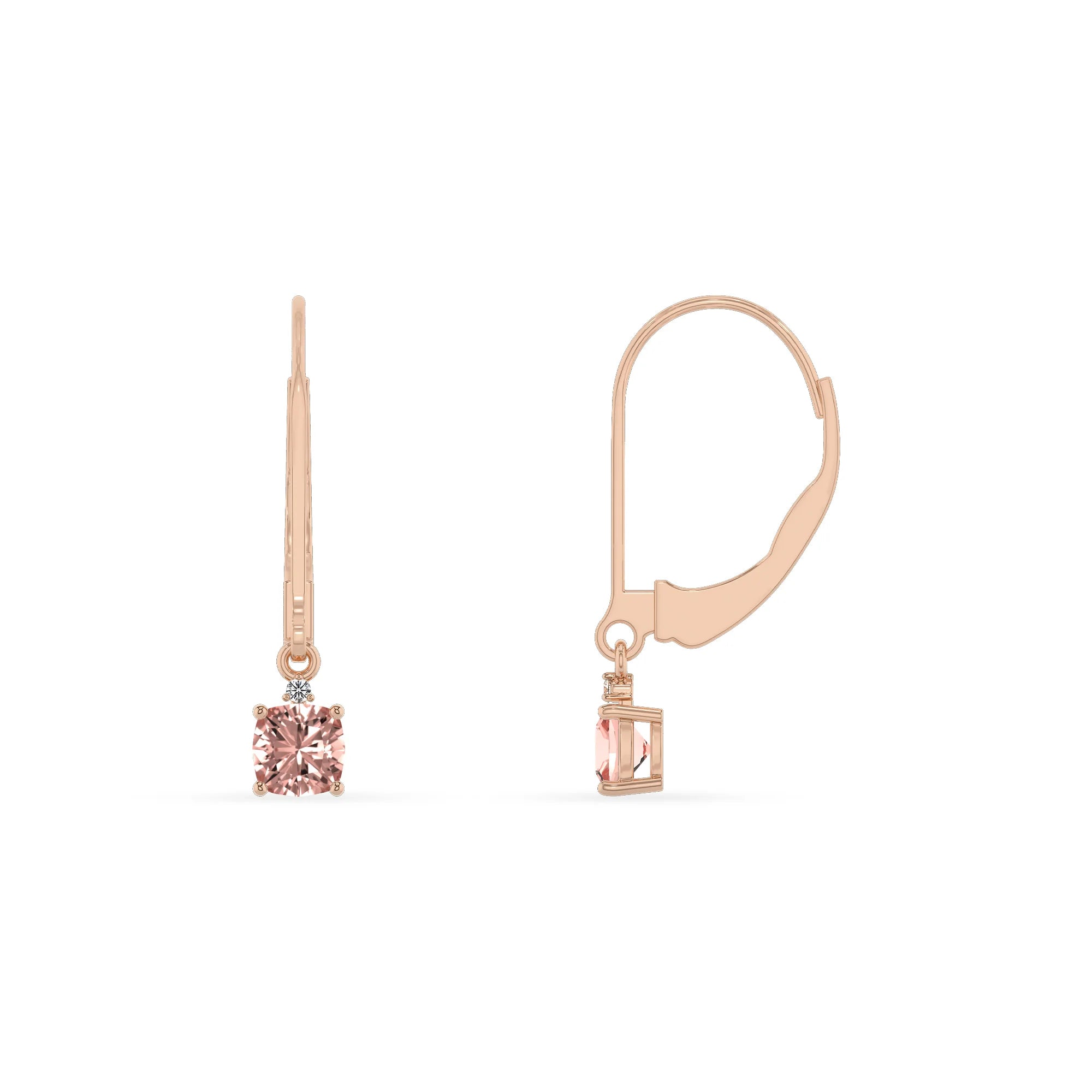 lab grown morganite cushion drop earrings in rose gold 