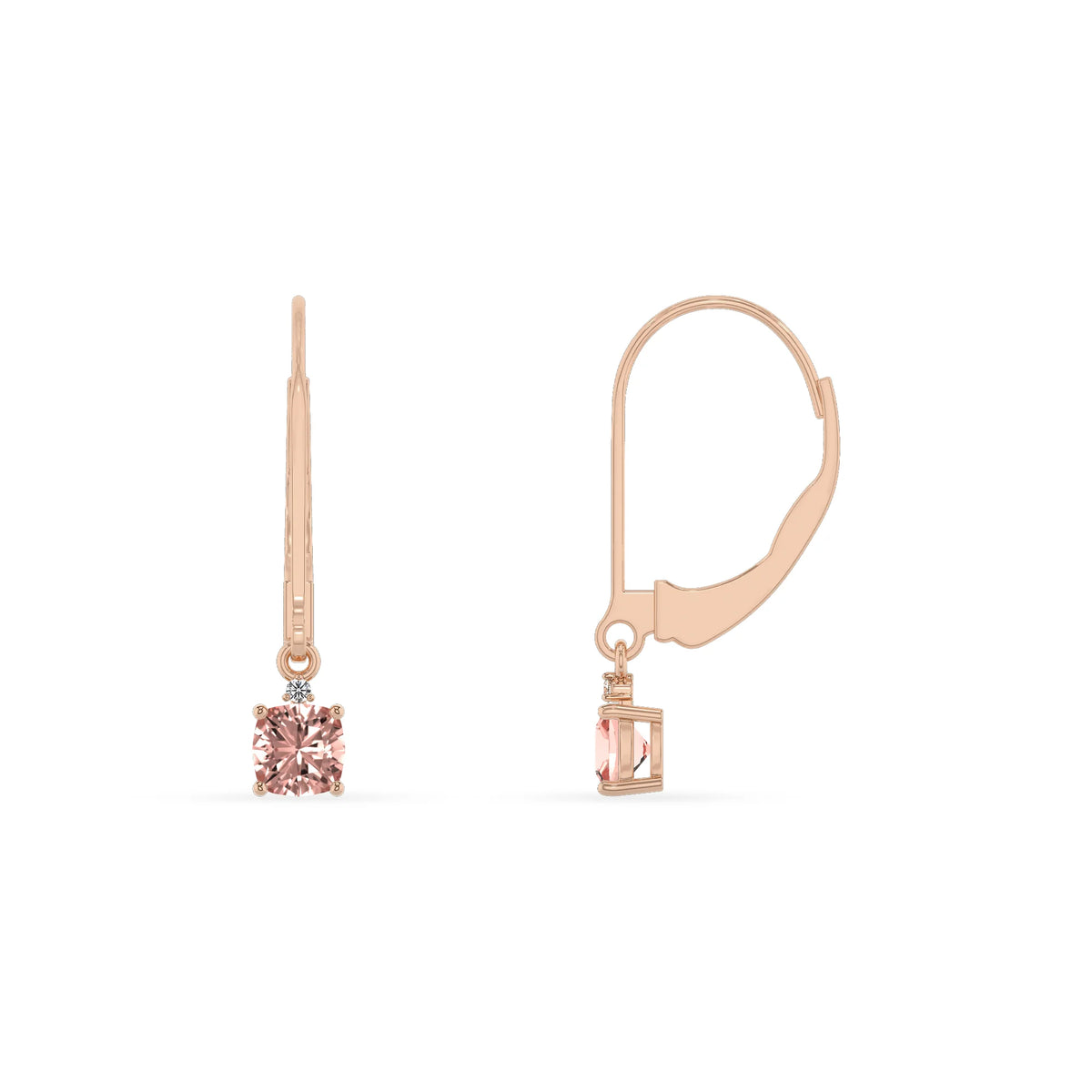 lab grown morganite cushion drop earrings in rose gold 