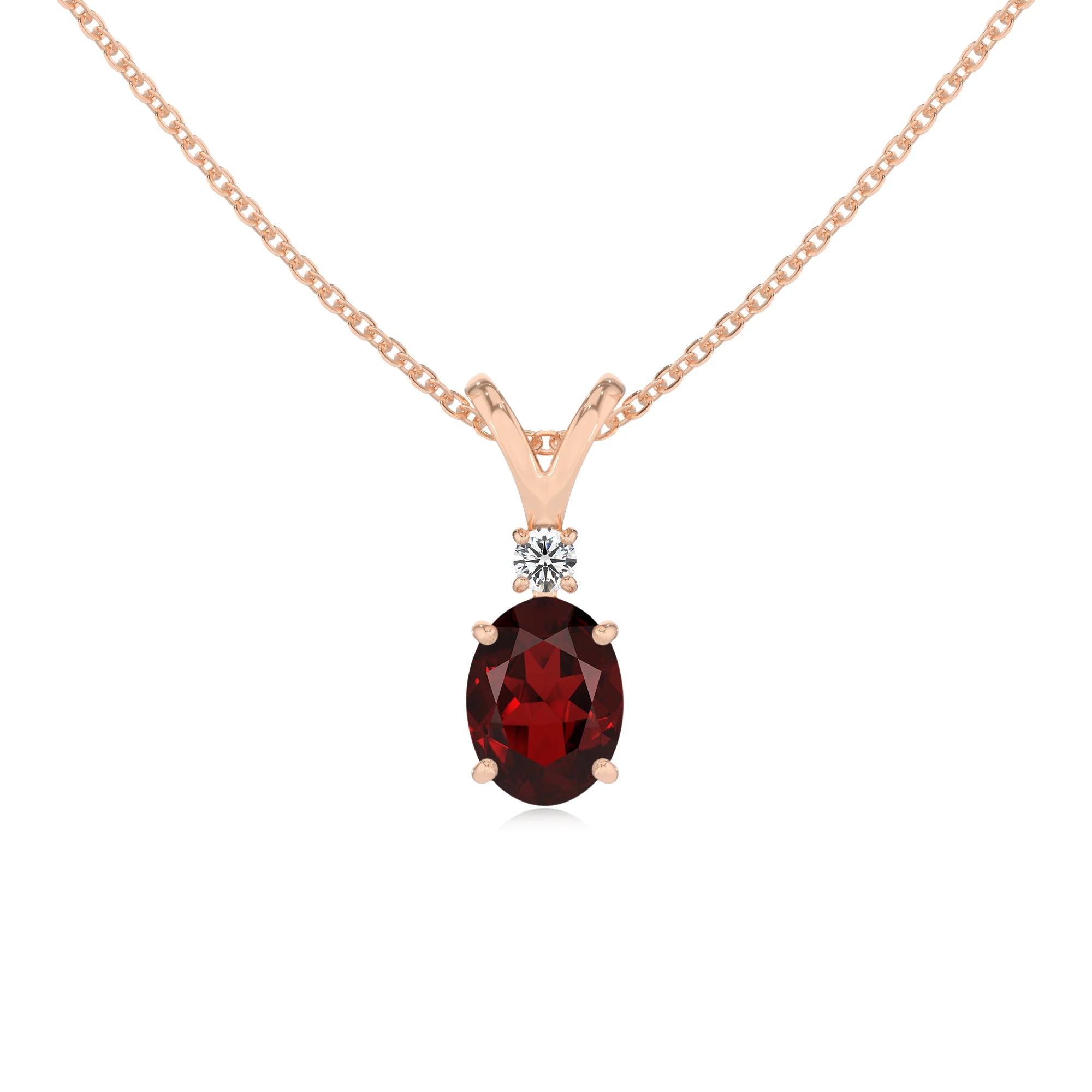 natural garnet oval solitaire v-bale necklaces in rose gold 