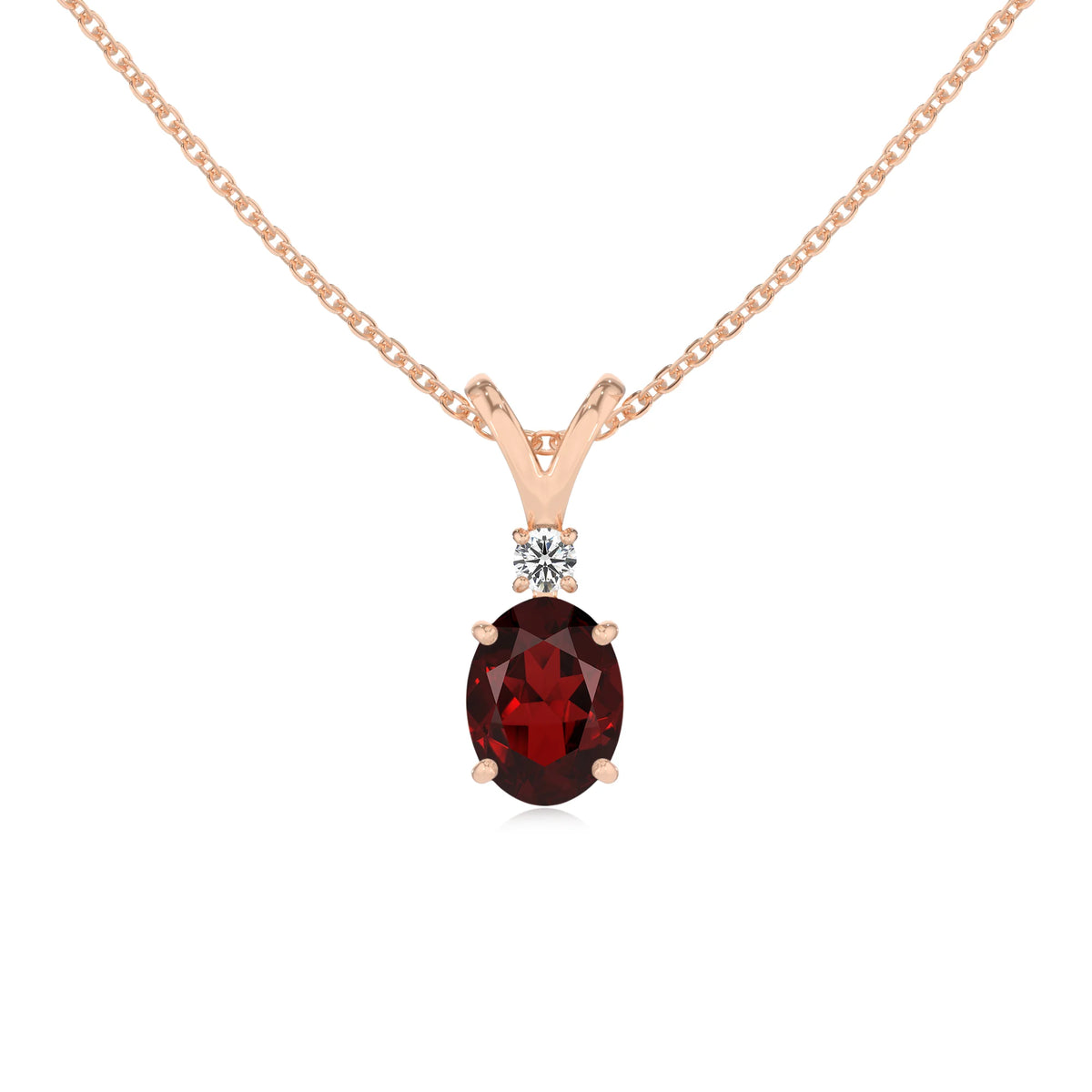 natural garnet oval solitaire v-bale necklaces in rose gold 
