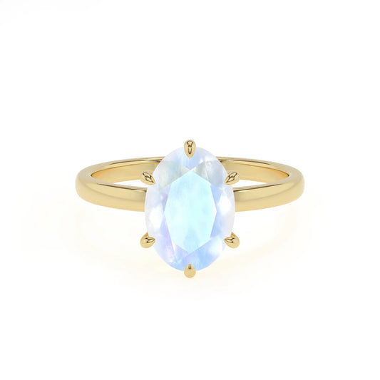 natural rainbow-moonstone oval solitaire rings in yellow gold 