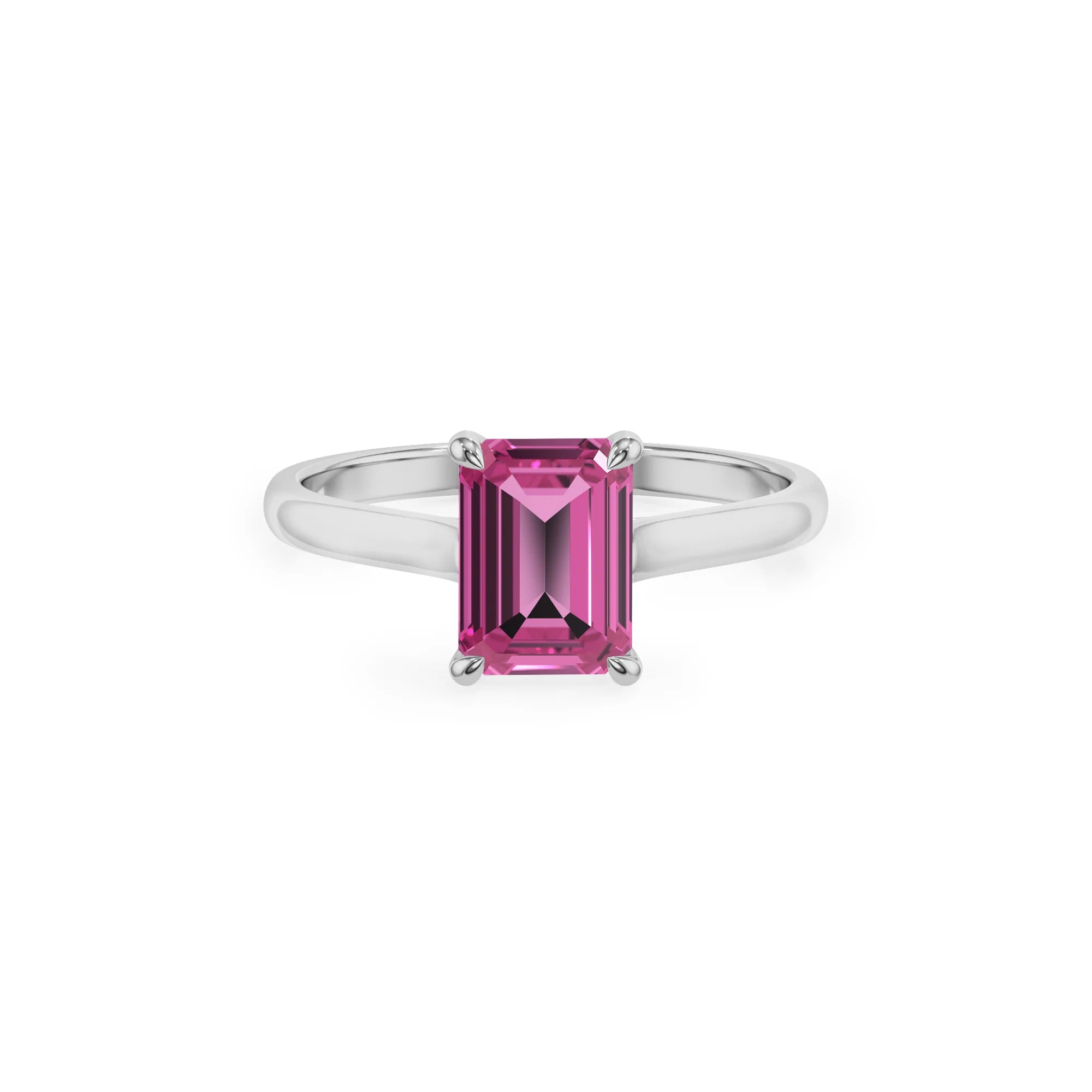 lab grown pink-sapphire emerald cut solitaire rings in sterling silver 
