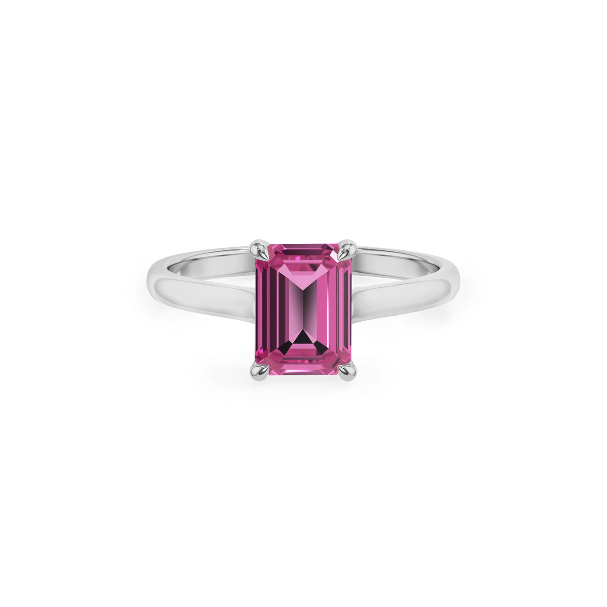 lab grown pink-sapphire emerald cut solitaire rings in sterling silver 