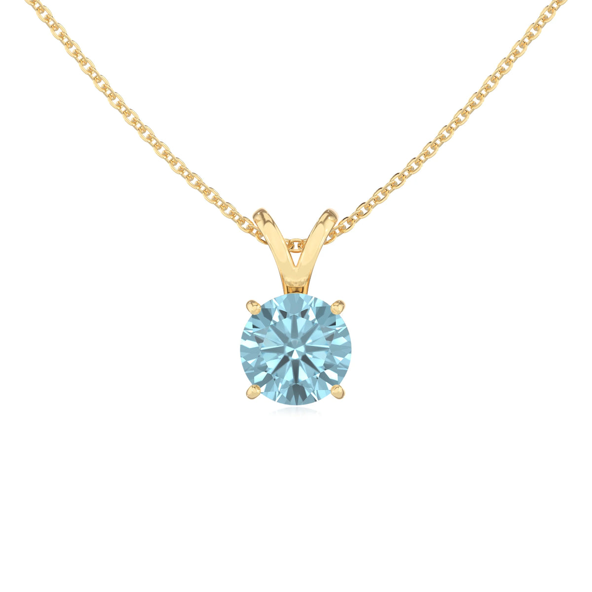 lab grown aquamarine round solitaire v-bale necklaces in yellow gold 