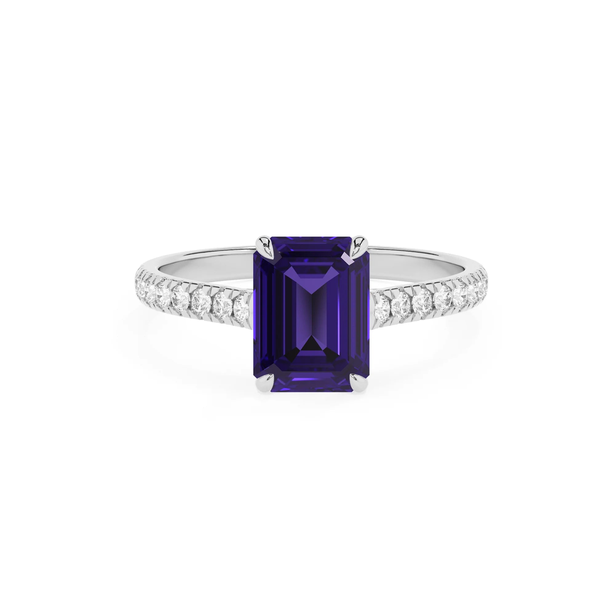 lab grown tanzanite emerald cut half eternity solitaire engagement rings in platinum 