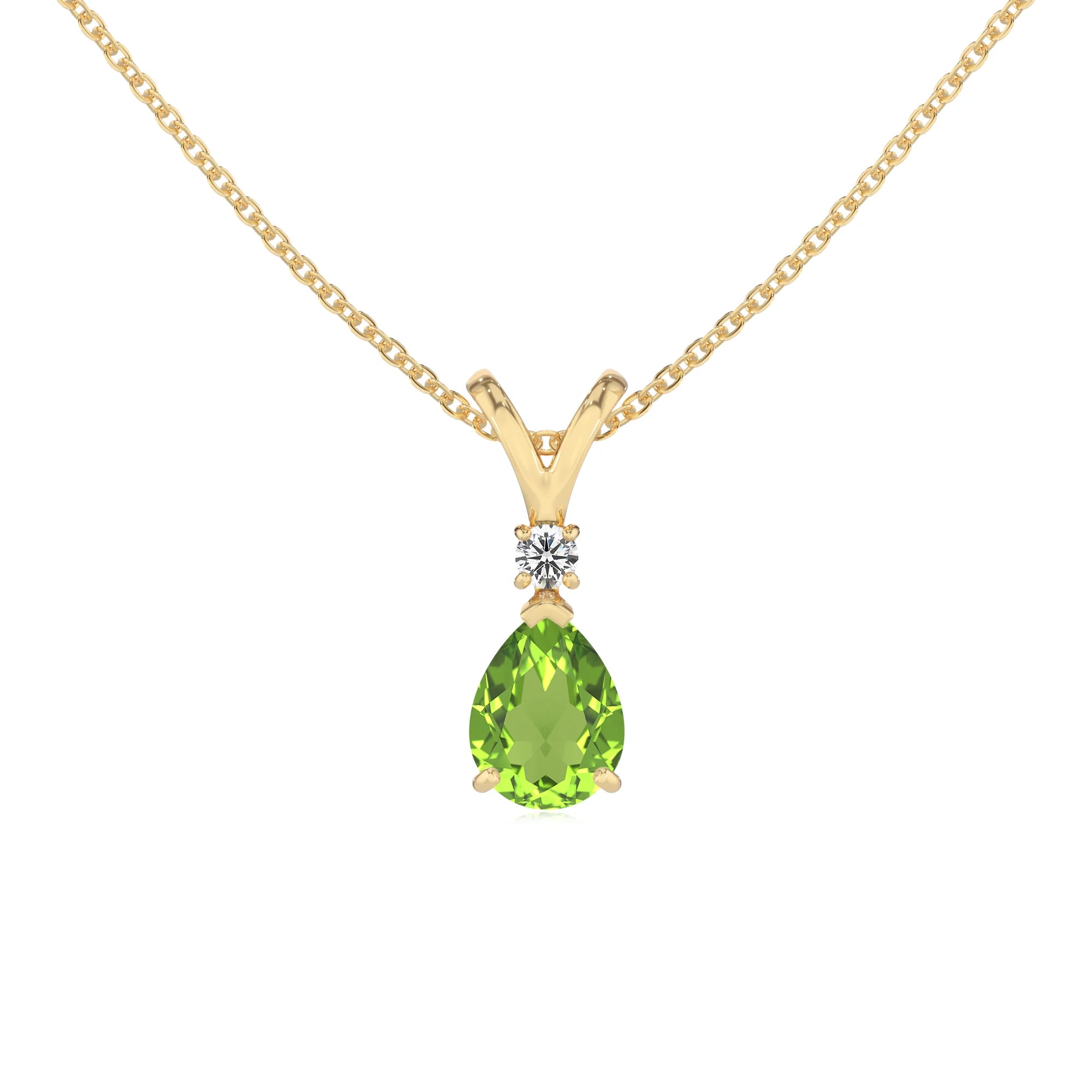 natural peridot pear solitaire v-bale necklaces in yellow gold 
