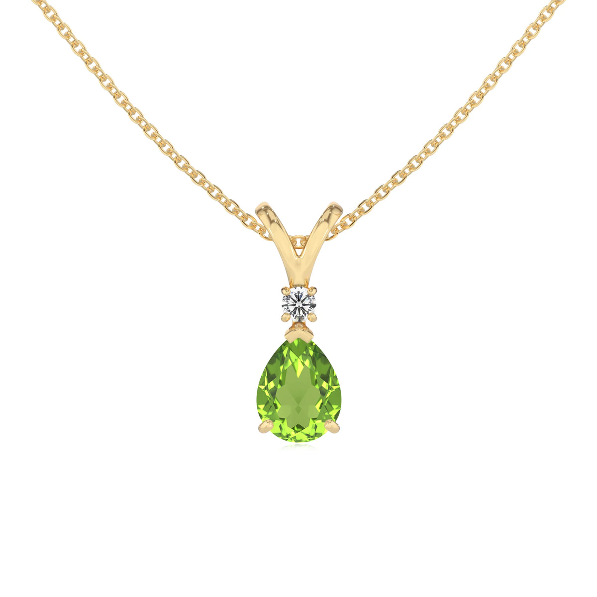 natural peridot pear solitaire v-bale necklaces in yellow gold 
