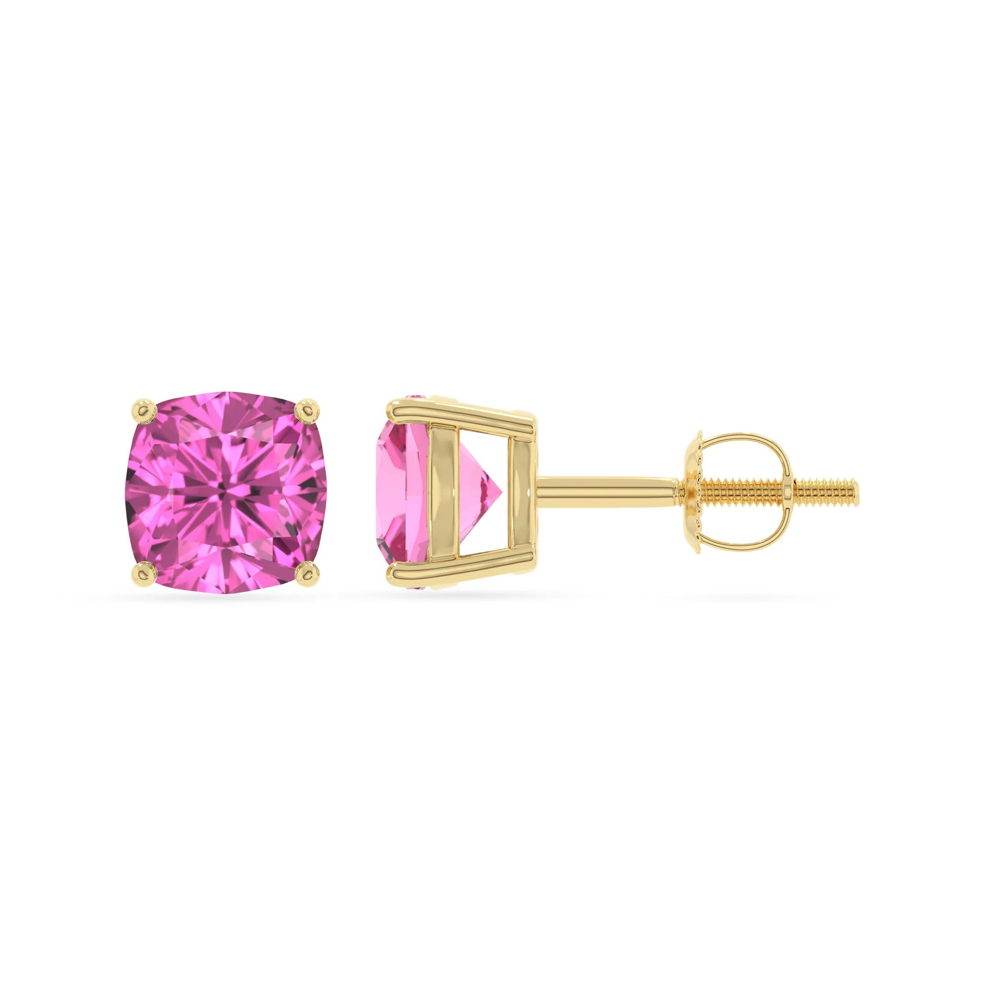 lab grown pink sapphire cushion stud earrings in yellow gold 