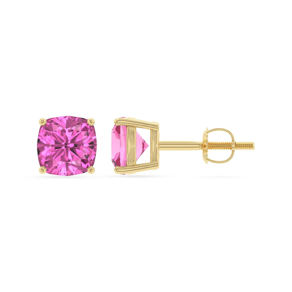 lab grown pink sapphire cushion stud earrings in yellow gold 