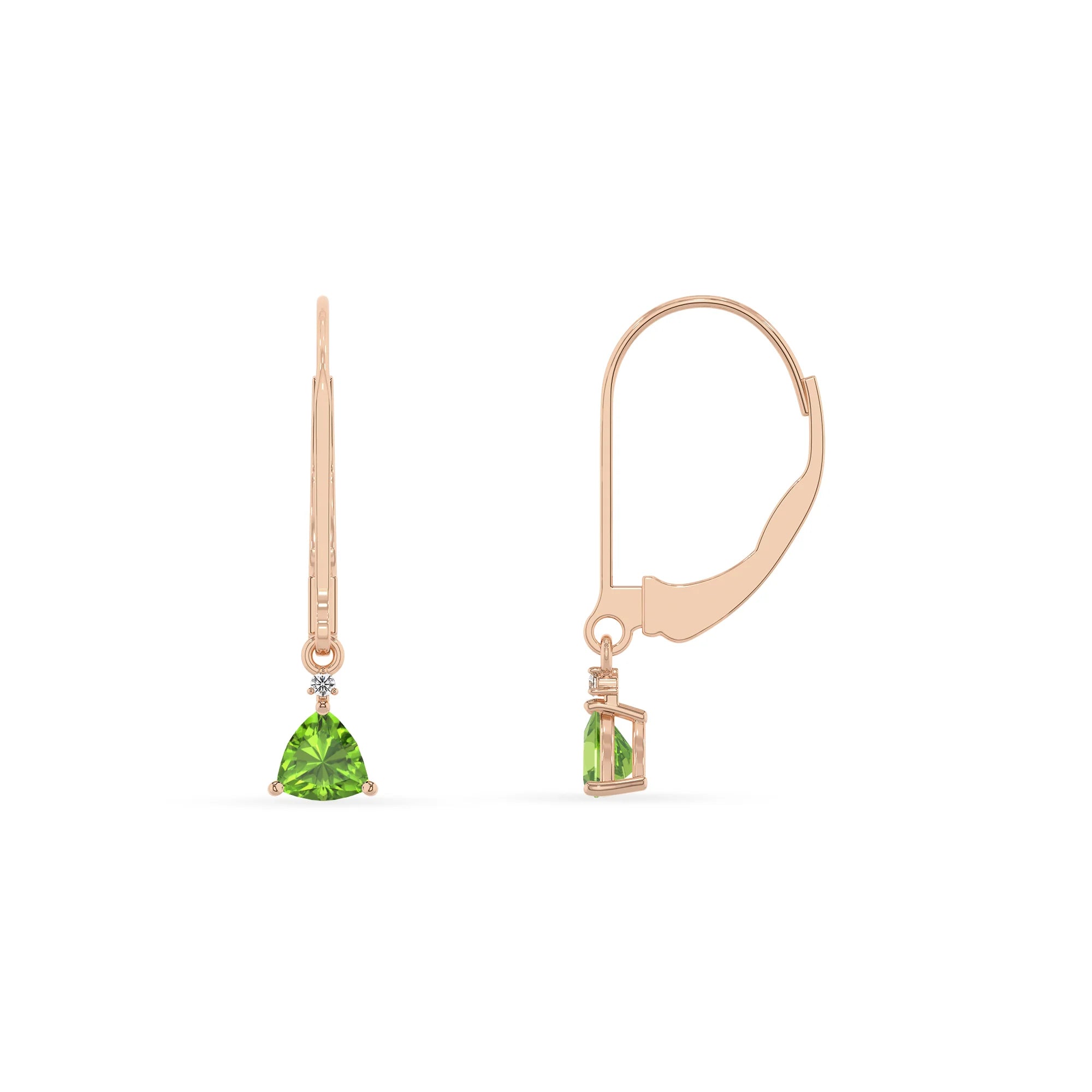 natural peridot trillion drop earrings in rose gold 