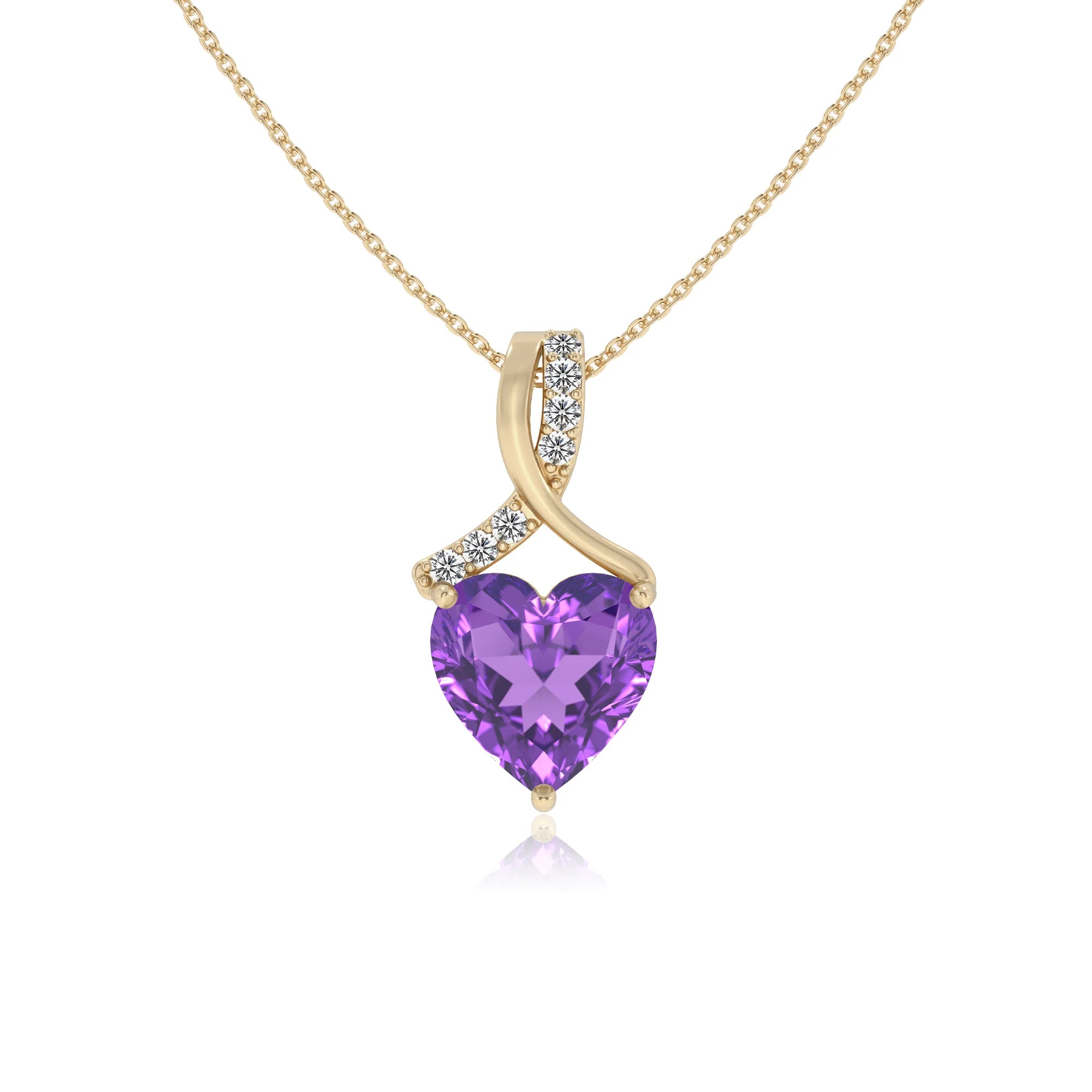 lab grown amethyst heart solitaire necklaces in yellow gold 