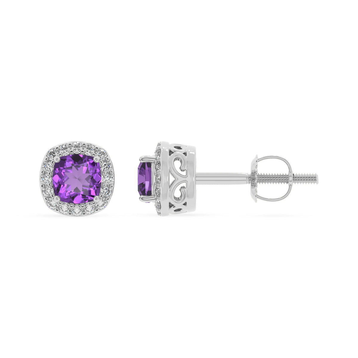 lab grown amethyst cushion stud earrings in platinum 