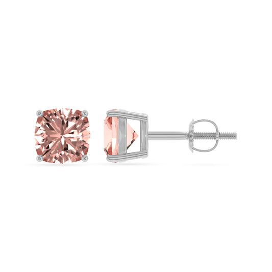 lab grown morganite cushion stud earrings in white gold 