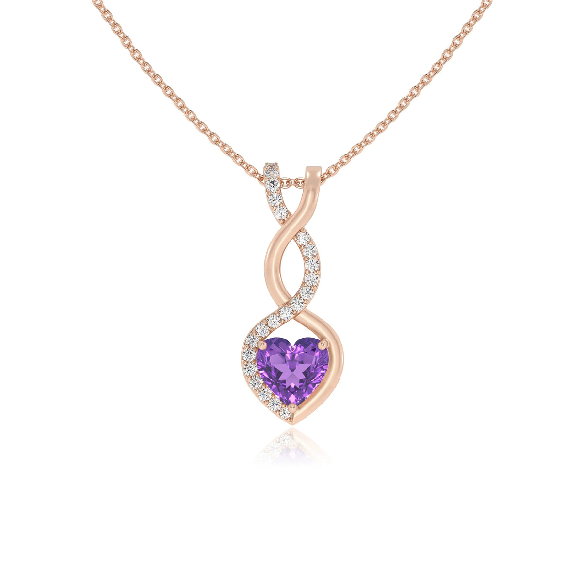 lab grown amethyst heart infinity necklaces in rose gold 