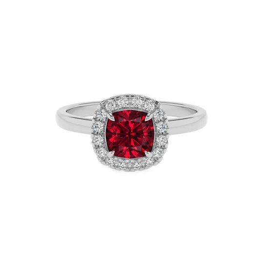 lab grown ruby cushion solitaire rings in sterling silver 