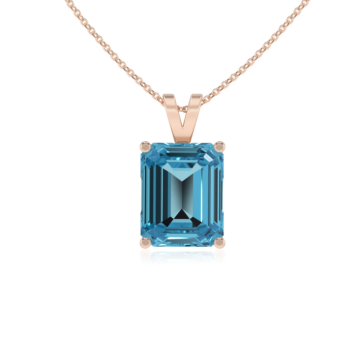 natural swiss-blue-topaz emerald cut solitaire v-bale necklaces in rose gold 