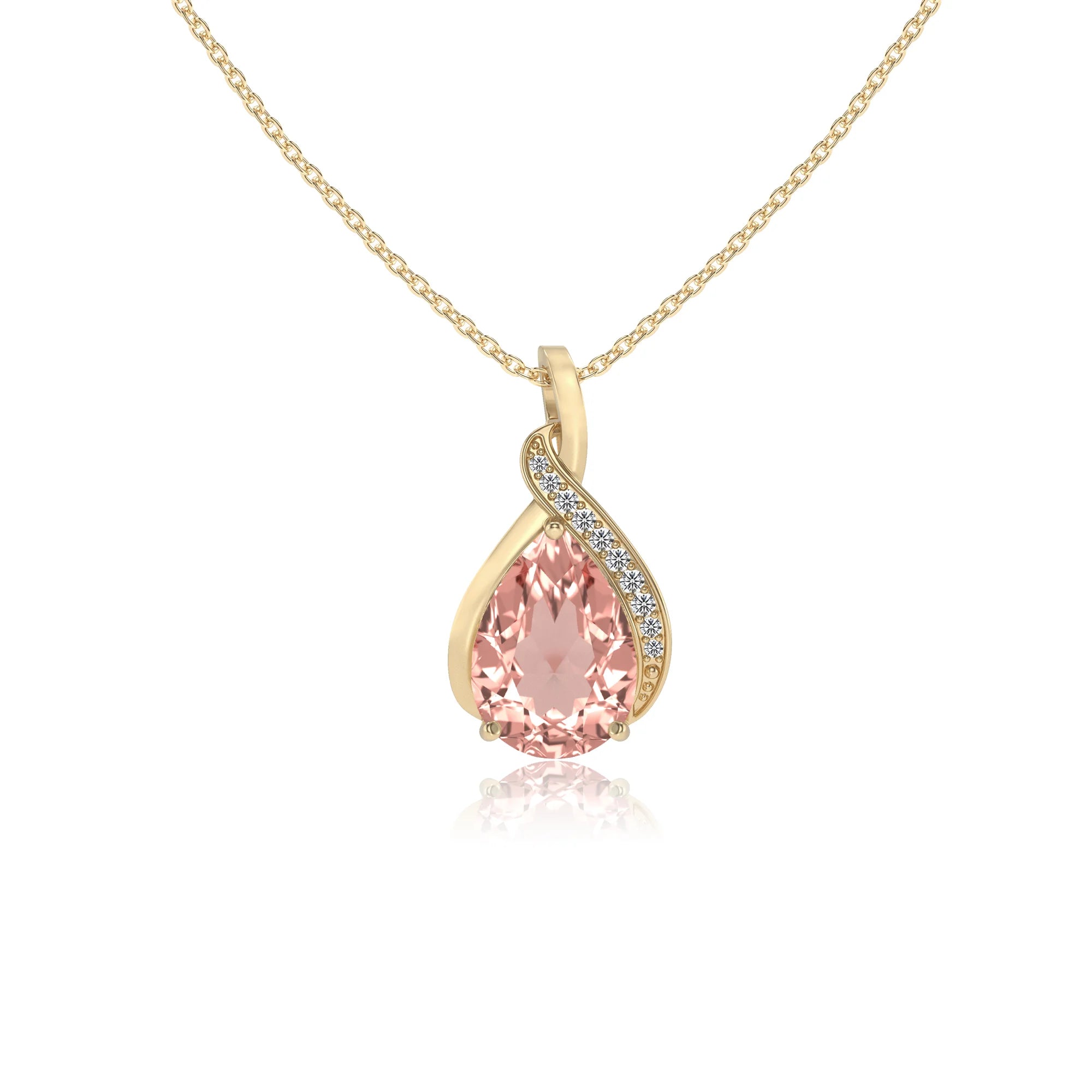 lab grown morganite pear solitaire necklaces in yellow gold 