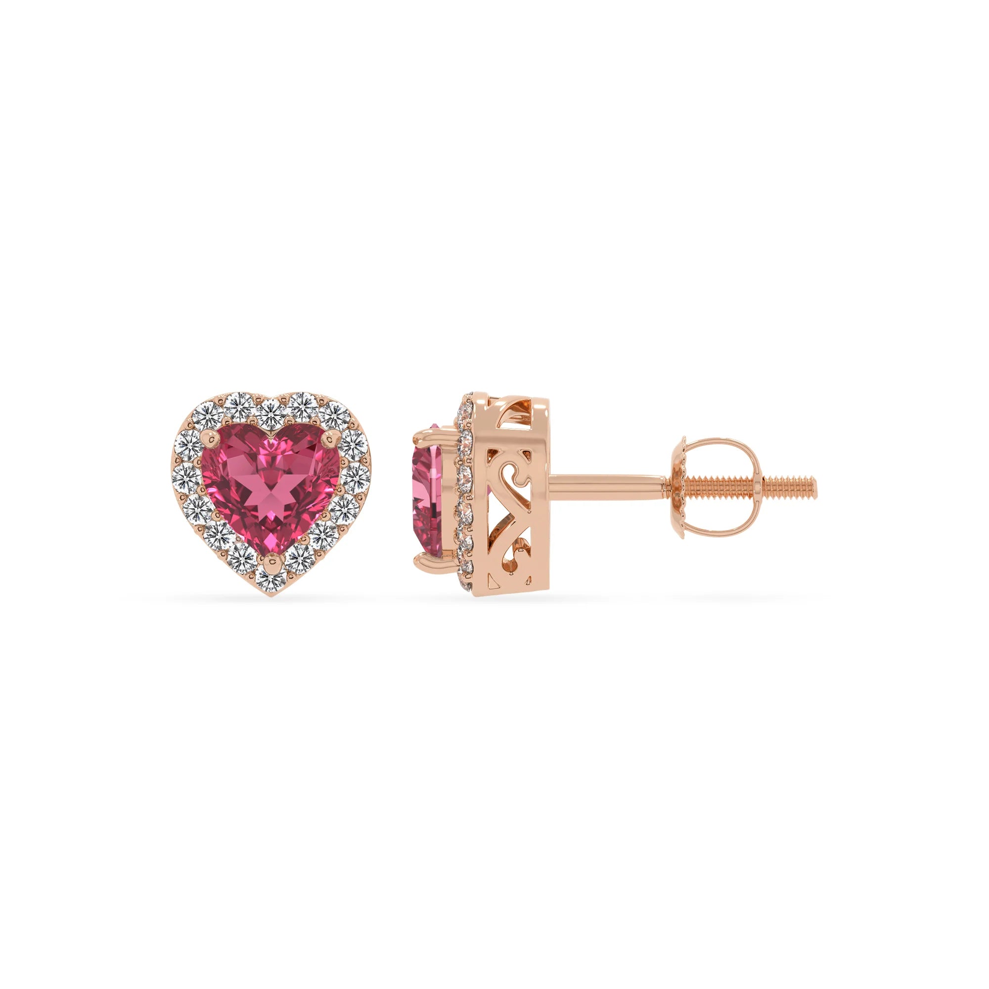 lab grown pink tourmaline heart stud earrings in rose gold 