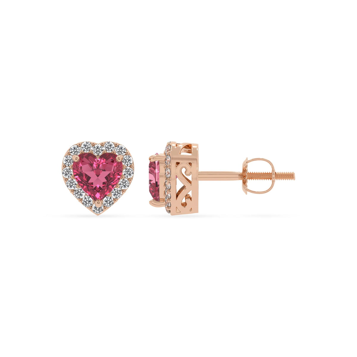 lab grown pink tourmaline heart stud earrings in rose gold 