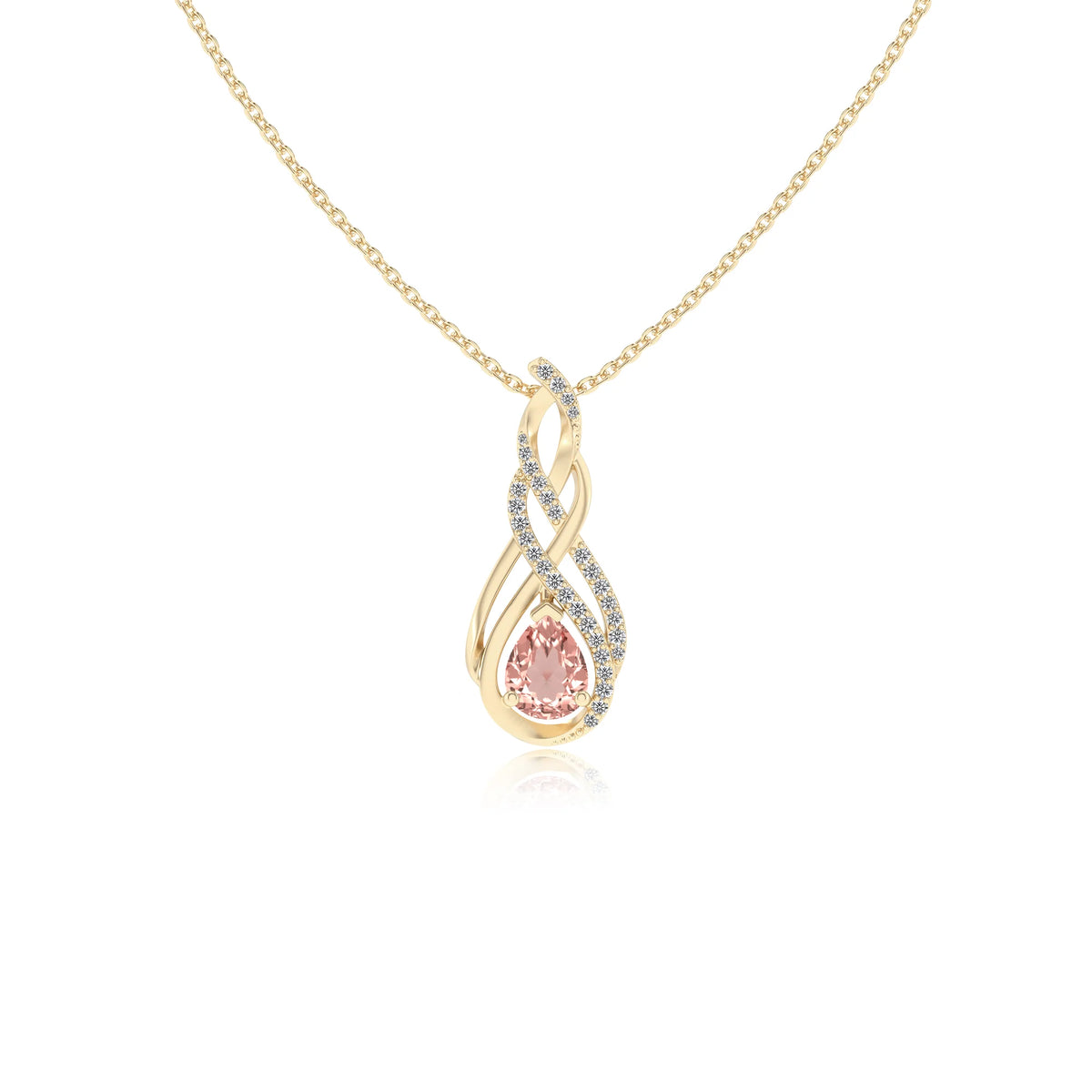 lab grown morganite pear solitaire necklaces in yellow gold 