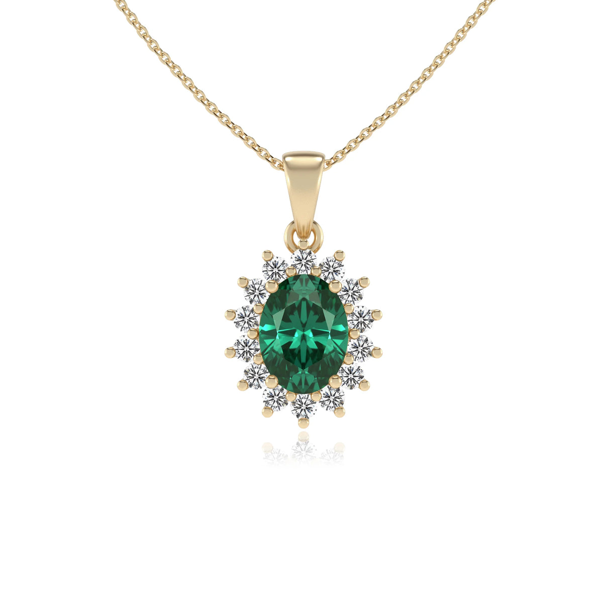 lab grown emerald oval halo necklaces in yellow gold 