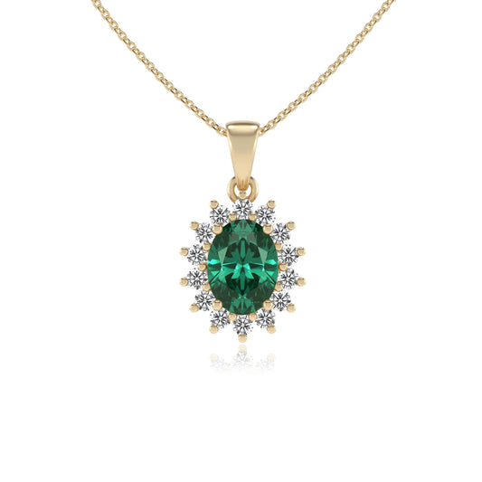 lab grown emerald oval halo necklaces in yellow gold 