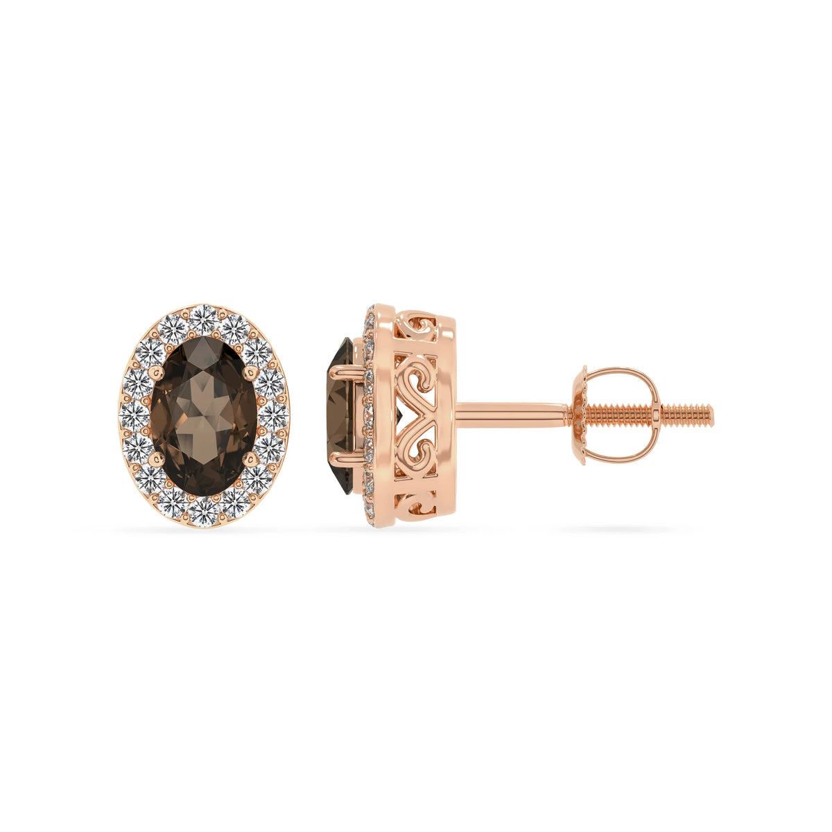natural smoky quartz oval stud earrings in rose gold 