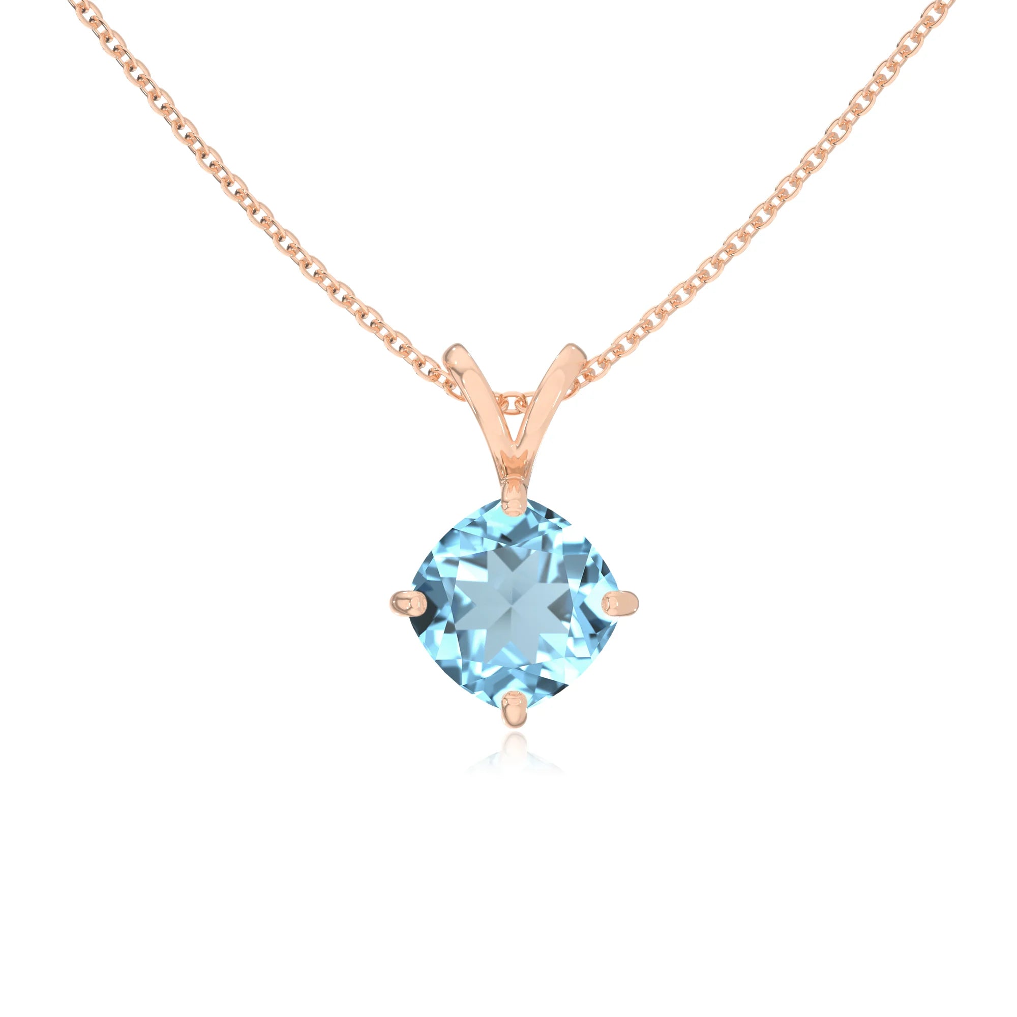 lab grown aquamarine cushion solitaire v-bale necklaces in rose gold 