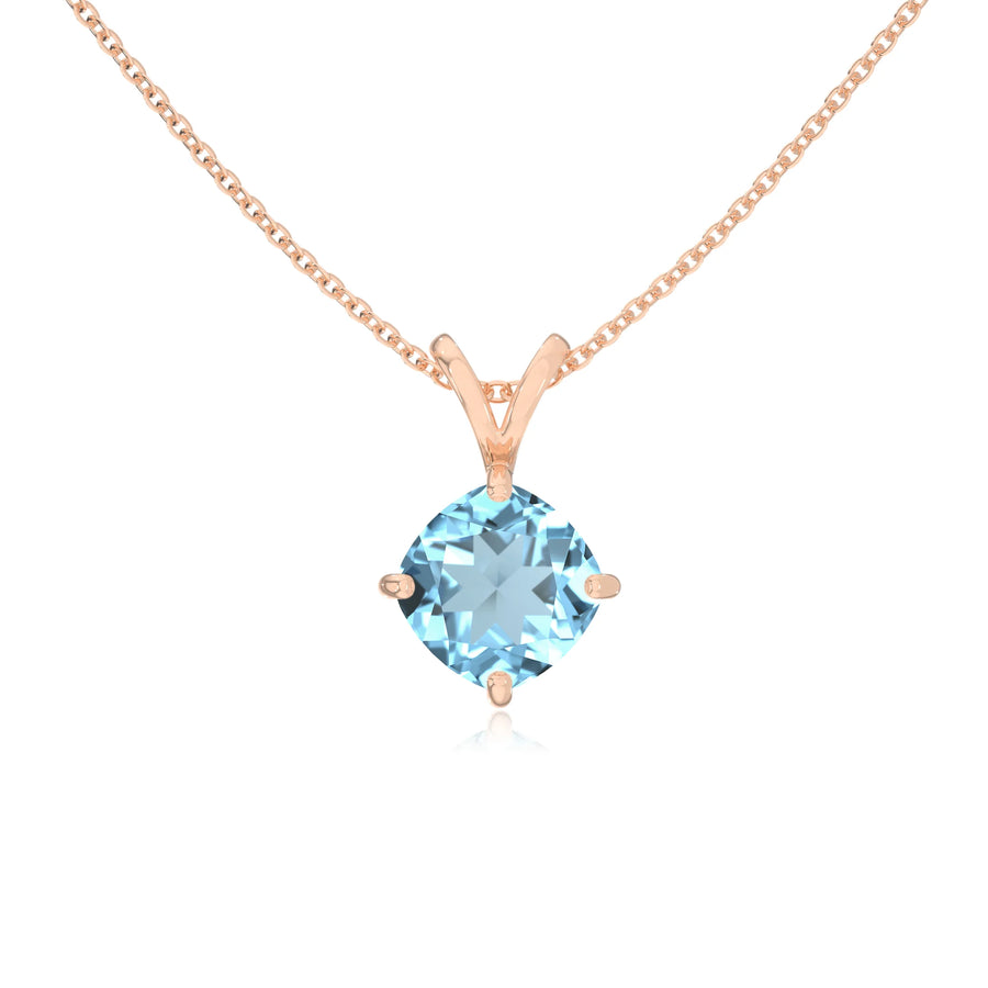 lab grown aquamarine cushion solitaire v-bale necklaces in rose gold 