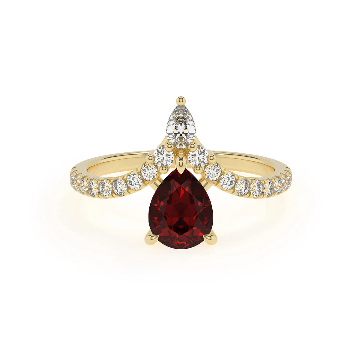 natural garnet pear solitaire rings in yellow gold 