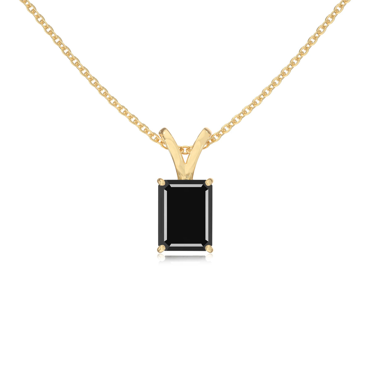 natural black-onyx emerald cut solitaire v-bale necklaces in yellow gold 