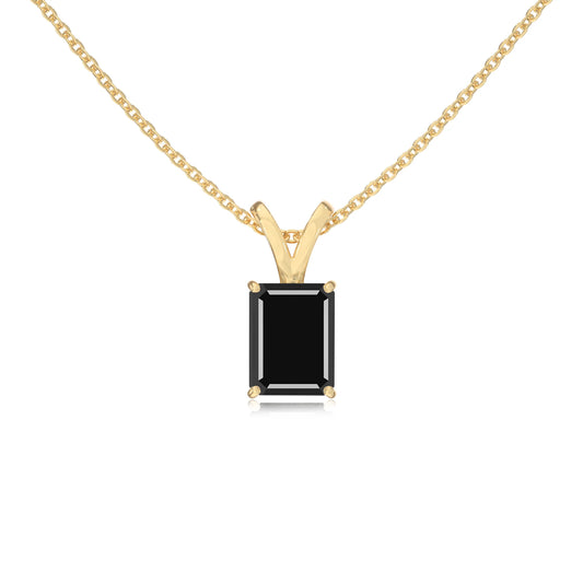 natural black-onyx emerald cut solitaire v-bale necklaces in yellow gold 
