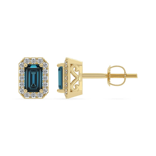 natural london blue topaz emerald cut stud earrings in yellow gold 