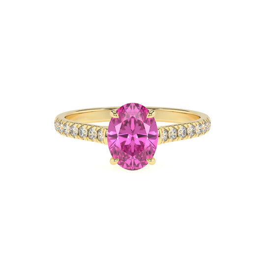 lab grown pink-sapphire oval half eternity solitaire engagement rings in yellow gold 
