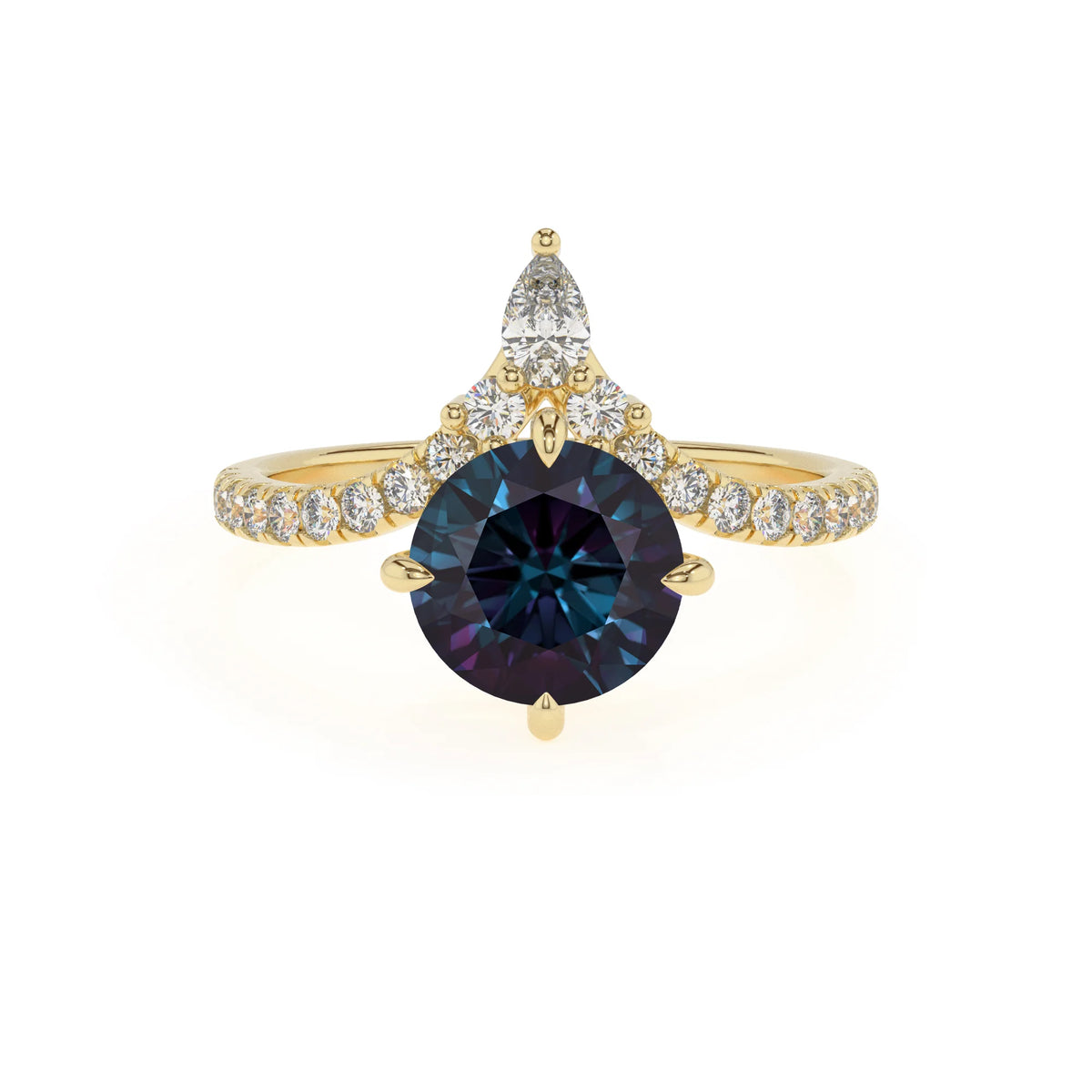 lab grown alexandrite round solitaire rings in yellow gold 