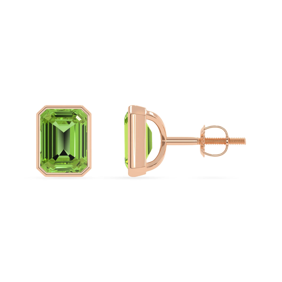 Natural Peridot Emerald-Cut Solitaire Stud Earrings