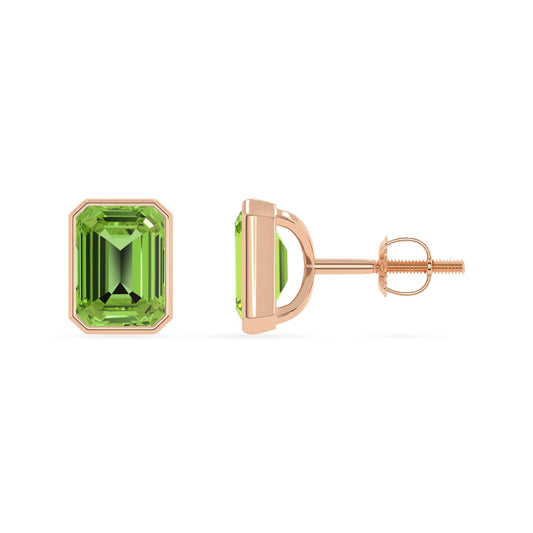 Natural Peridot Emerald-Cut Solitaire Stud Earrings