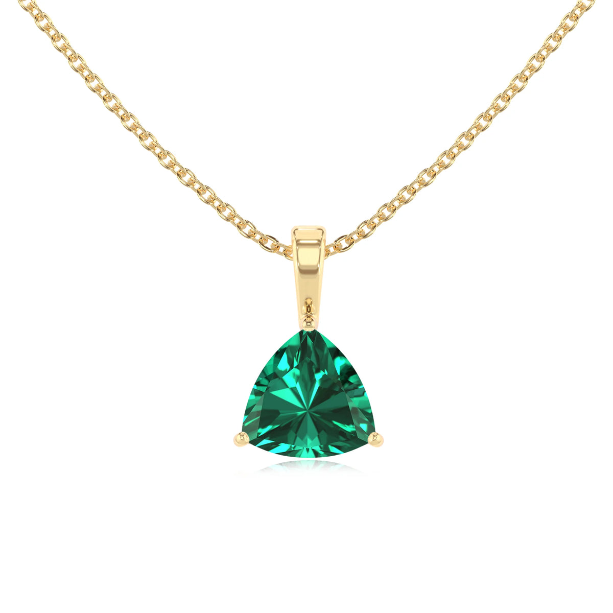lab grown emerald trillion solitaire necklaces in yellow gold 