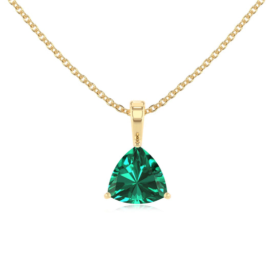 lab grown emerald trillion solitaire necklaces in yellow gold 