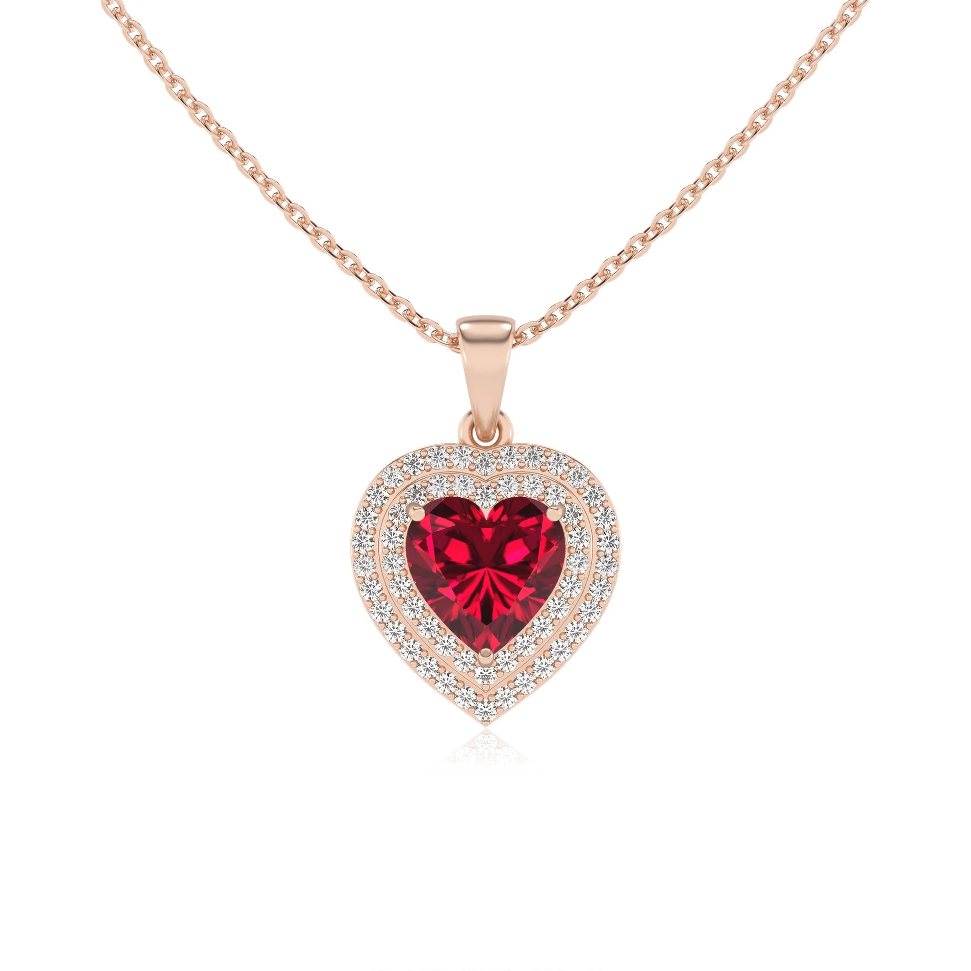lab grown ruby heart halo necklaces in rose gold 